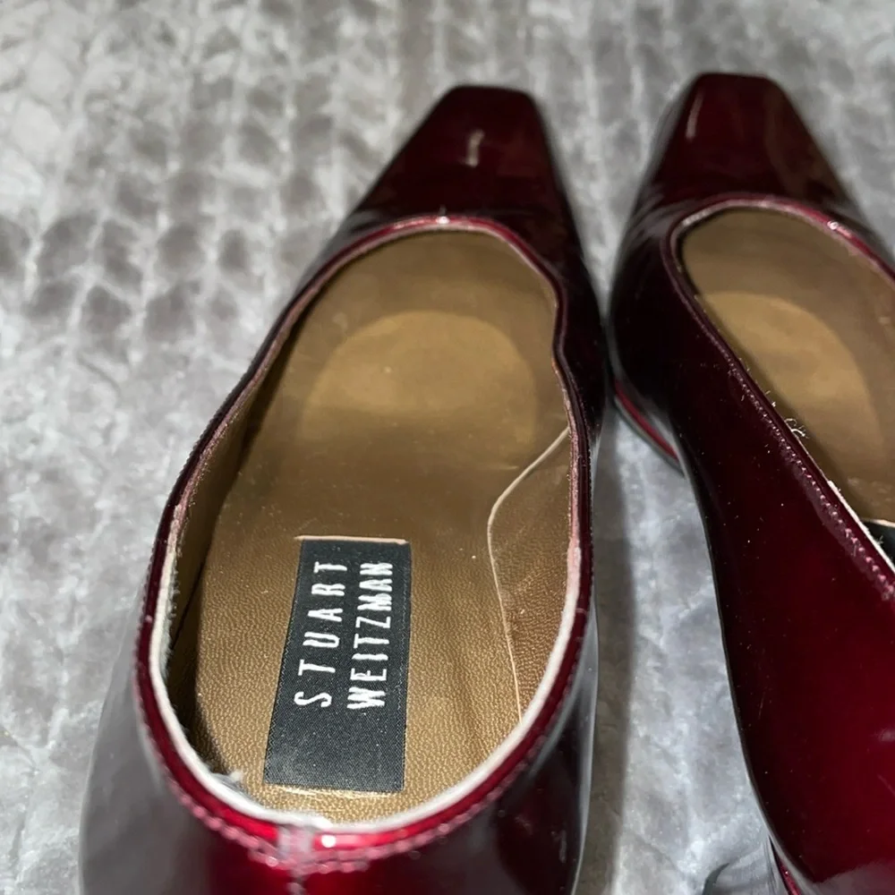Stuart Weitzman Burgundy Printed Patent Leather Square Toe Pumps. Size 6.5.‎